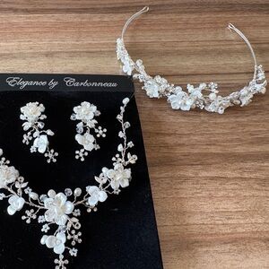White Floral Jewelry bridal prom Set Necklace Earrings headpiece